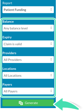 Patient Funding report filters and Generate button