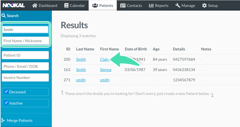 Patient profile search results with patient name to click
