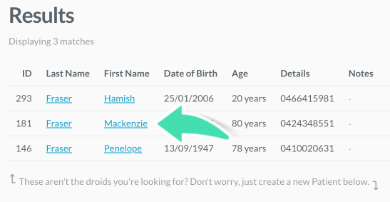 Select a Patient from the results