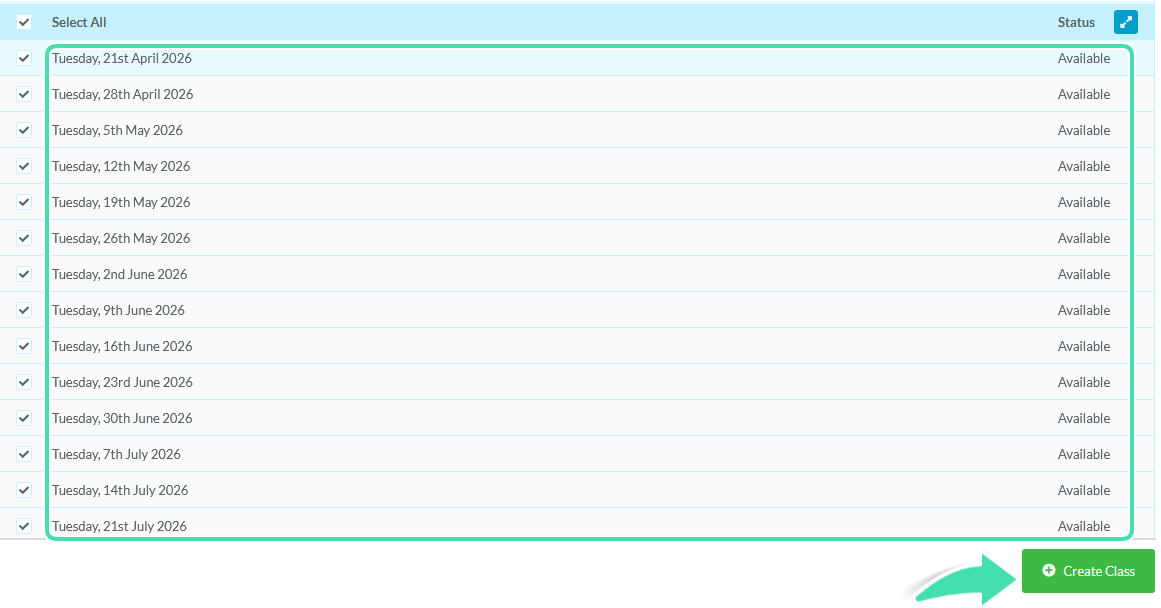 Select date from the list to create classes for
