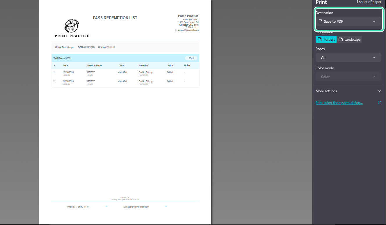 Preview of pass redemption list in printer modal