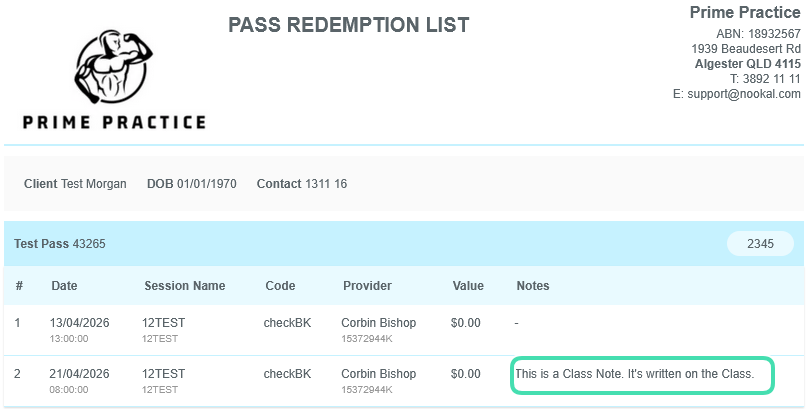 Pass Redemption list showing notes