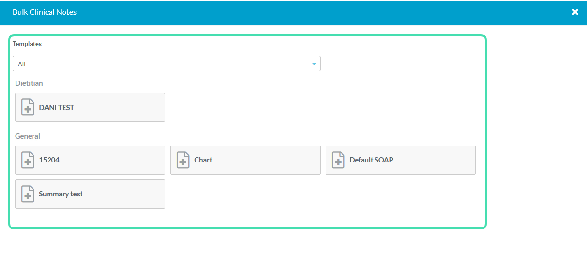 Selecting a template for a bulk clinical note in Nookal