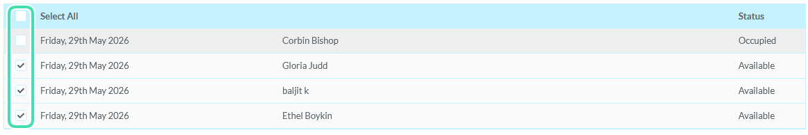 Staff availability grid showing occupied and available dates