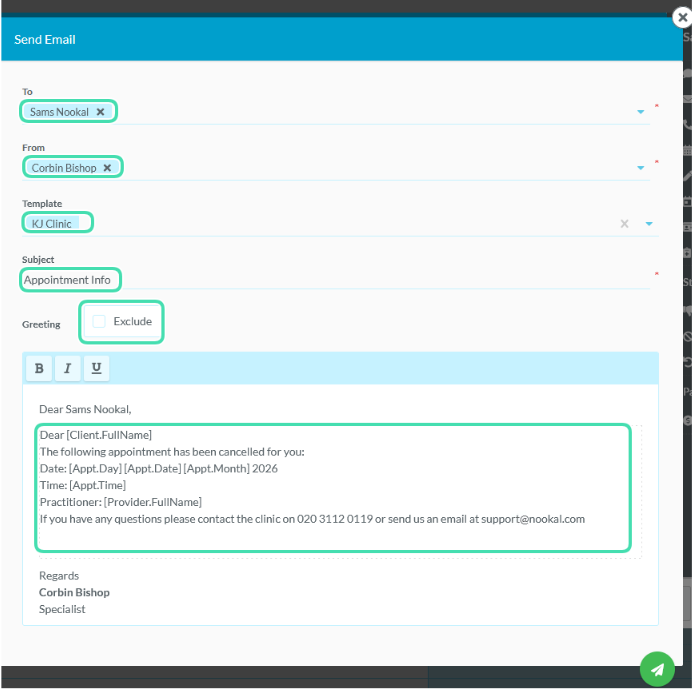 Email composition form with recipient, subject, and content fields