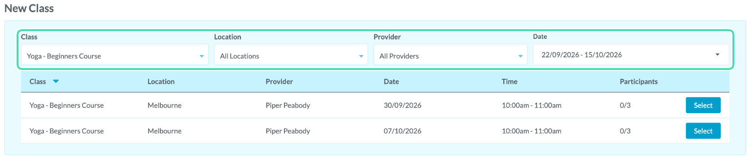 Use the filters to search for available Classes