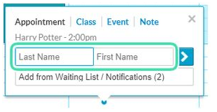 Diary add appointment popup showing how to enter client name fields