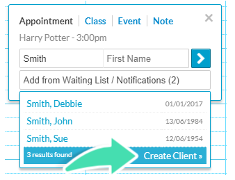 Create new client button in Nookal when no matching client is found