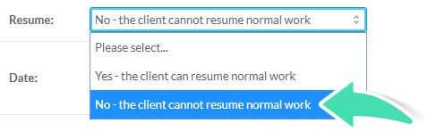 Option in ACC Claim stating client cannot resume work