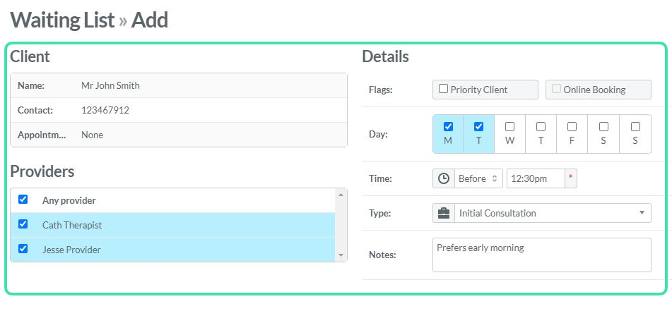 Enter client preferences including provider, day, time, and service in Nookal Waiting List