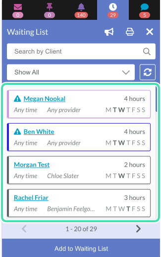 Red counter displays number of clients on Waiting List in Nookal