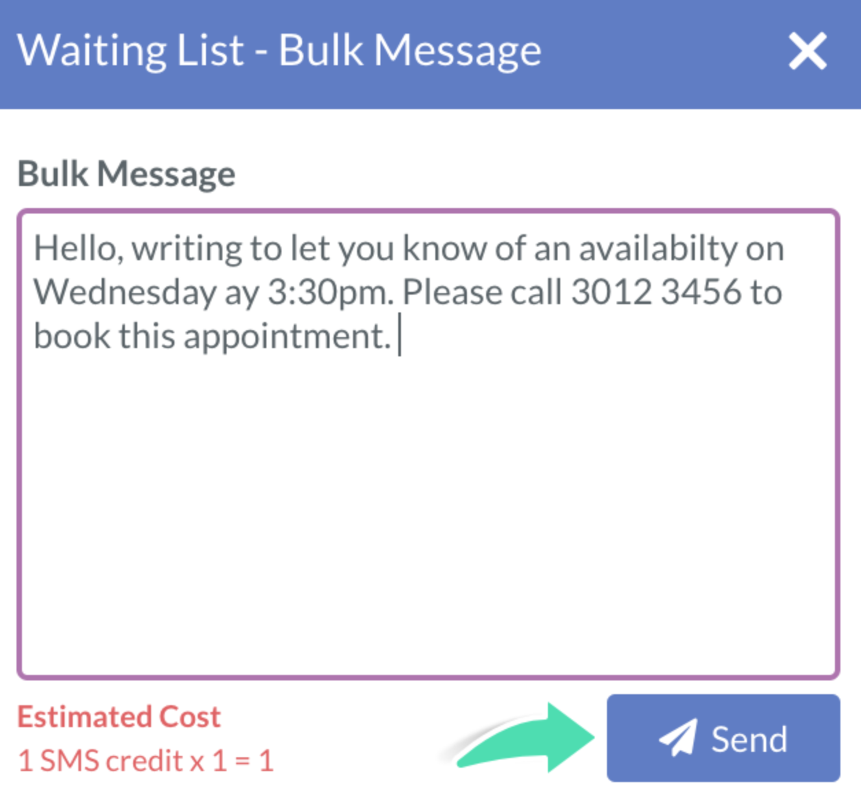 Click Send to deliver a message to Waiting List clients in Nookal