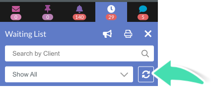 Click the refresh icon to update the Waiting List in Nookal