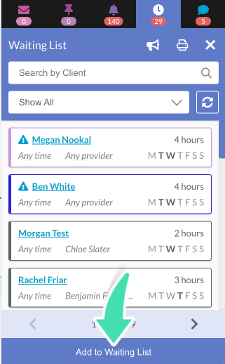 Add to Waiting List button at the bottom of Waiting List in Nookal