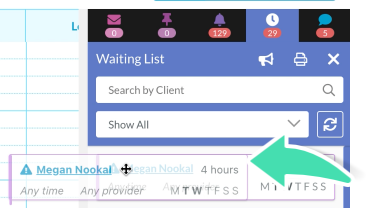 Drag and drop client onto Diary to book a client from the Waiting List