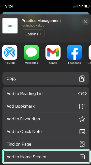 Add to Home Screen option in Safari for Nookal shortcut setup