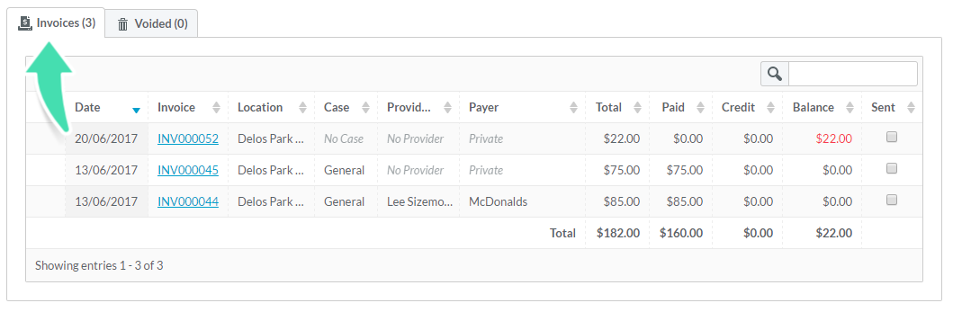Invoices tab showing invoice details and columns in Nookal Client Accounts  Filter-invoices.png